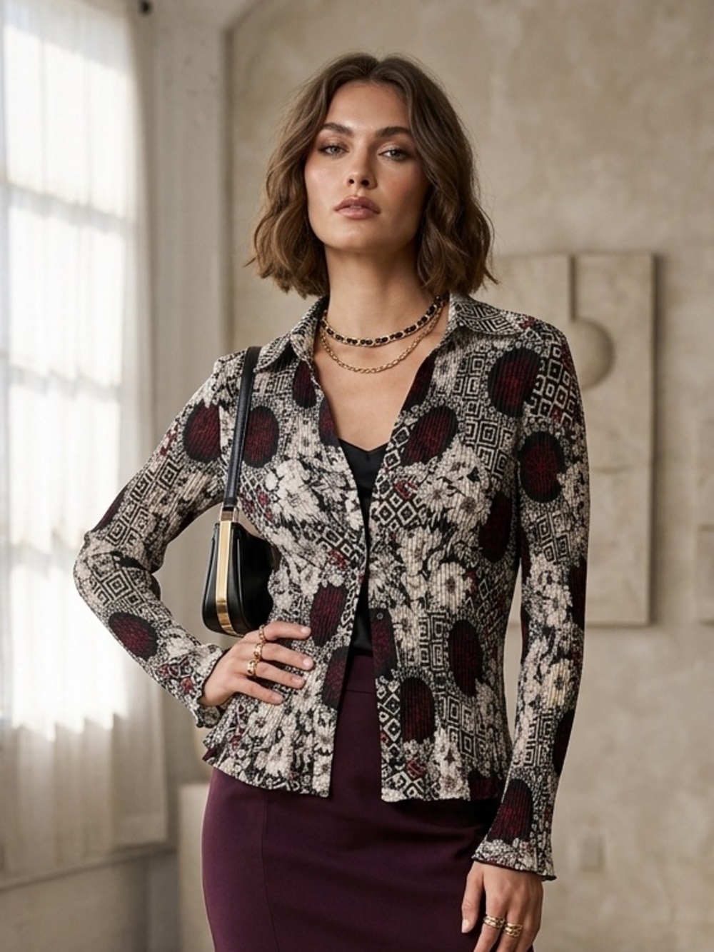 Elementz Medium Y2K pleated floral geometric blouse